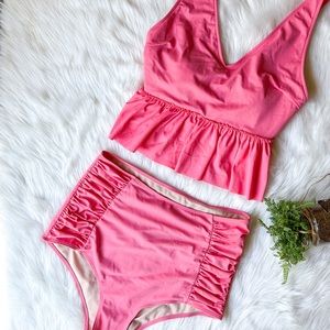 Kortni Jeane Pink Tankini Top V Neck Peplum Top & High Waist Ruched Bottom Set M